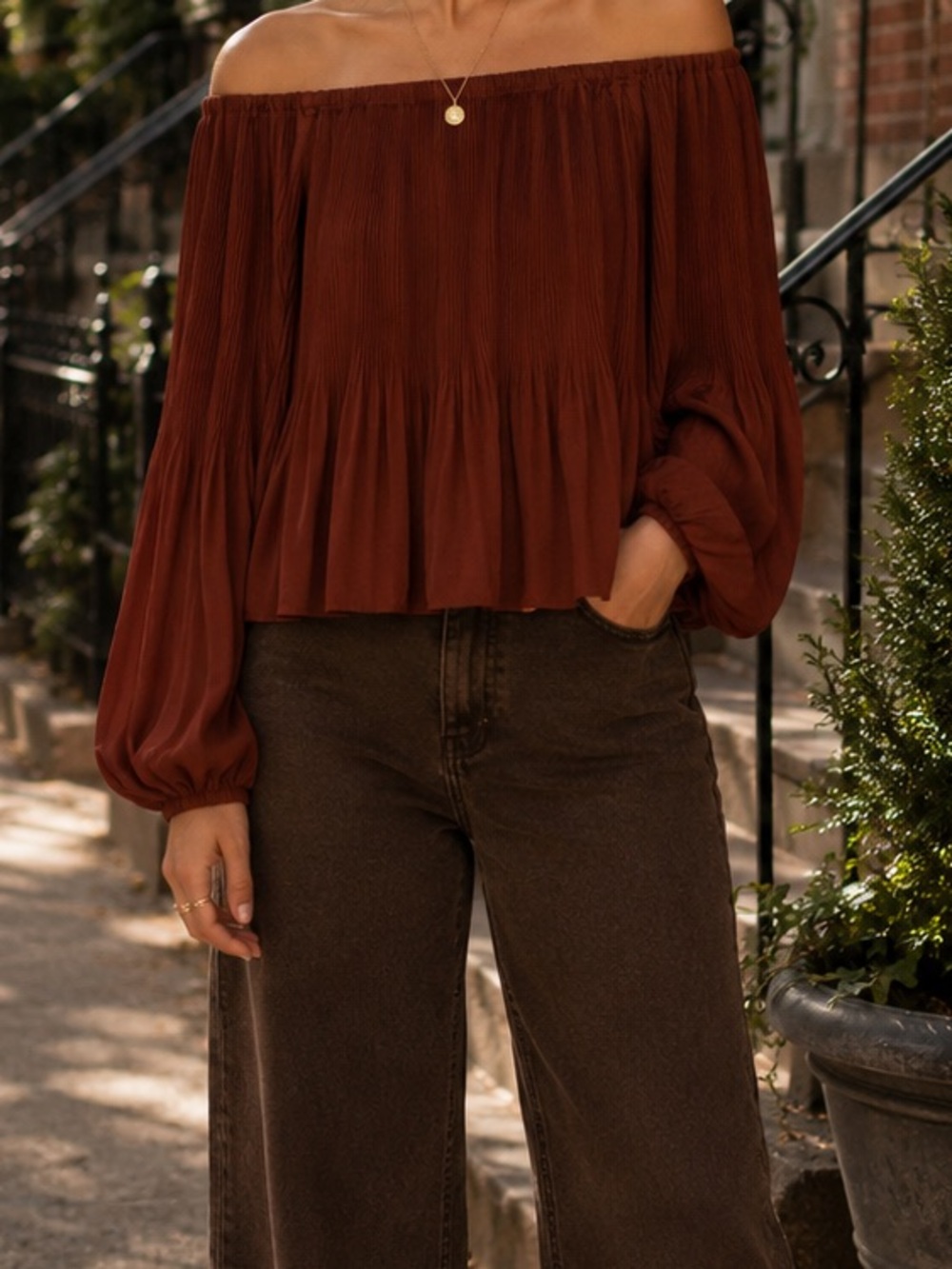 Express Rust Pleated Off-Shoulder Tunic Top